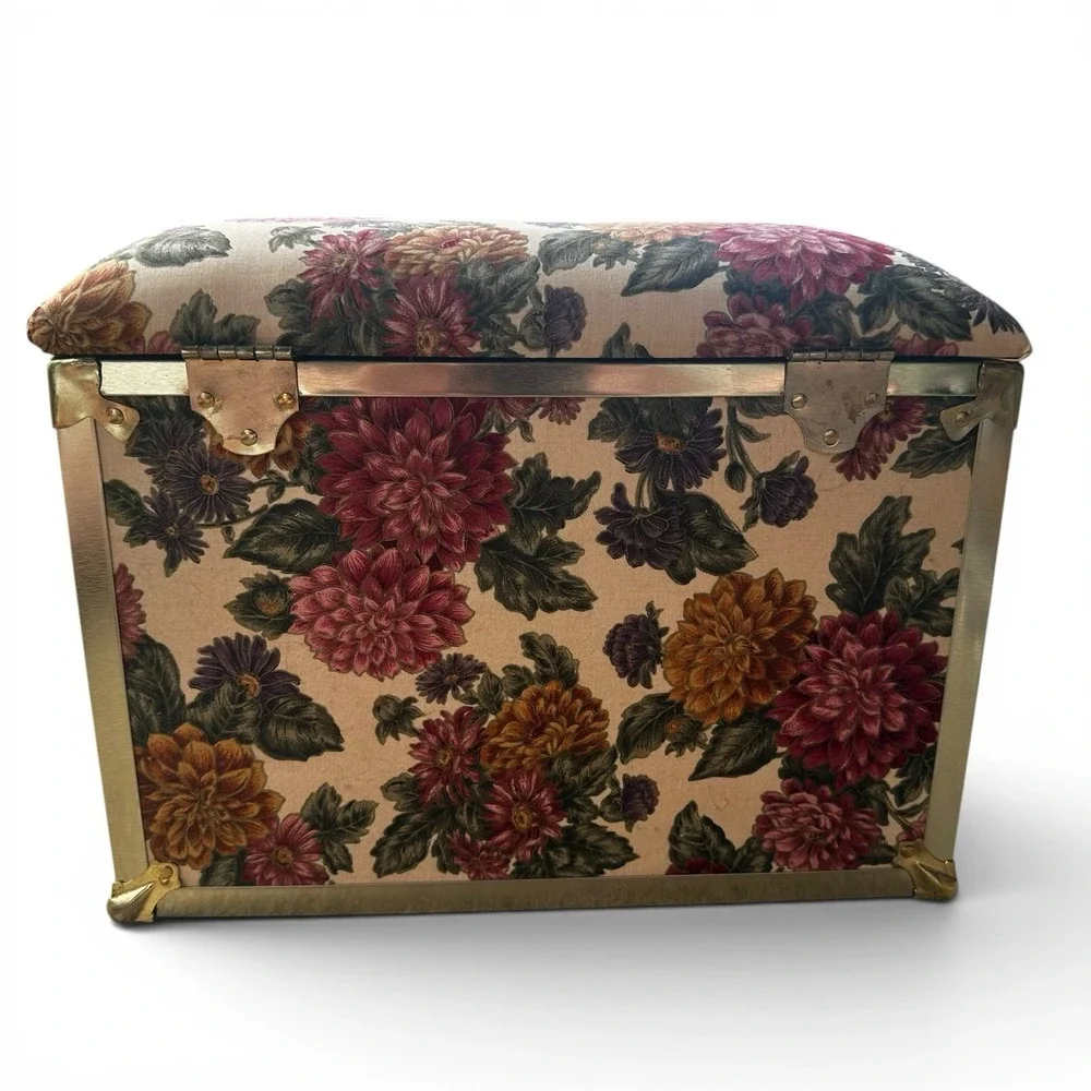 Vintage Deco Trunk Co Floral Flower Fabric Trunk Box Sewing Storage Brass Granny